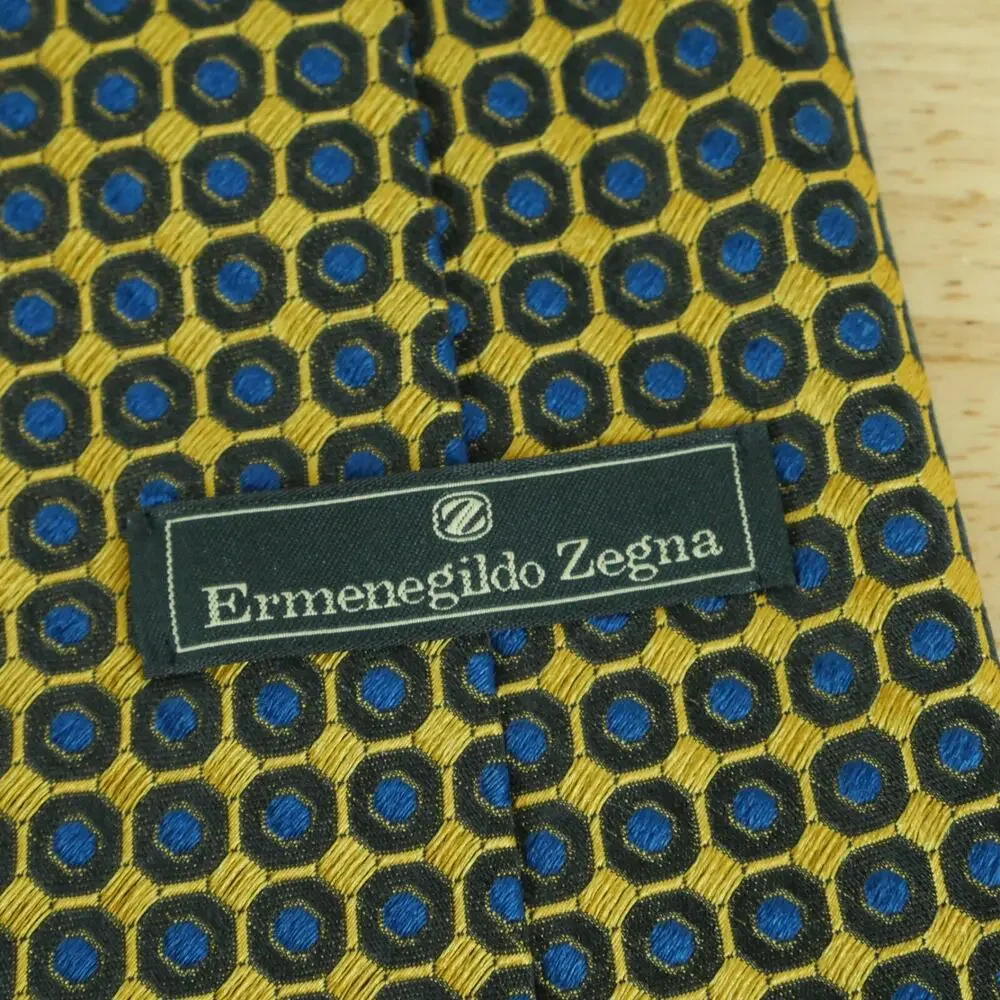 Ermenegildo Zegna 100% Silk Tie Jacquard Gold Blue Dot print 55